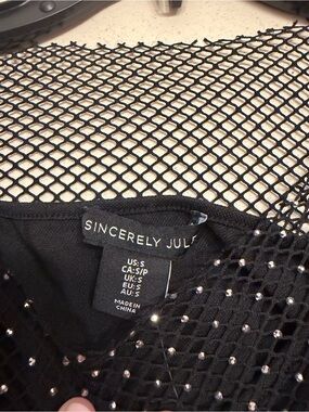 Fish Net Black Rhinestone Long Sleeve Crop Top Small NWT